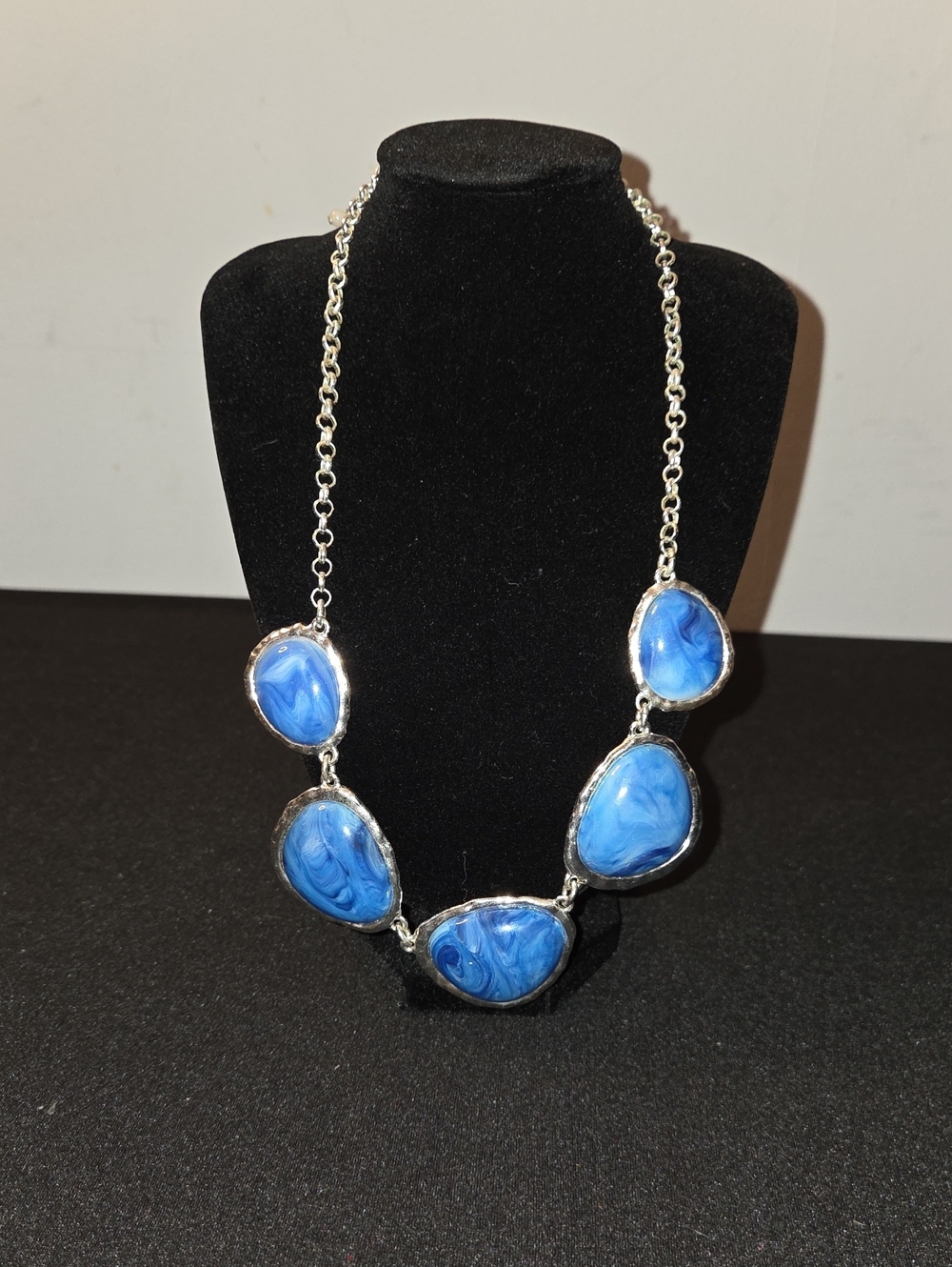 Silver Chain Necklace with Blue Resin Stones